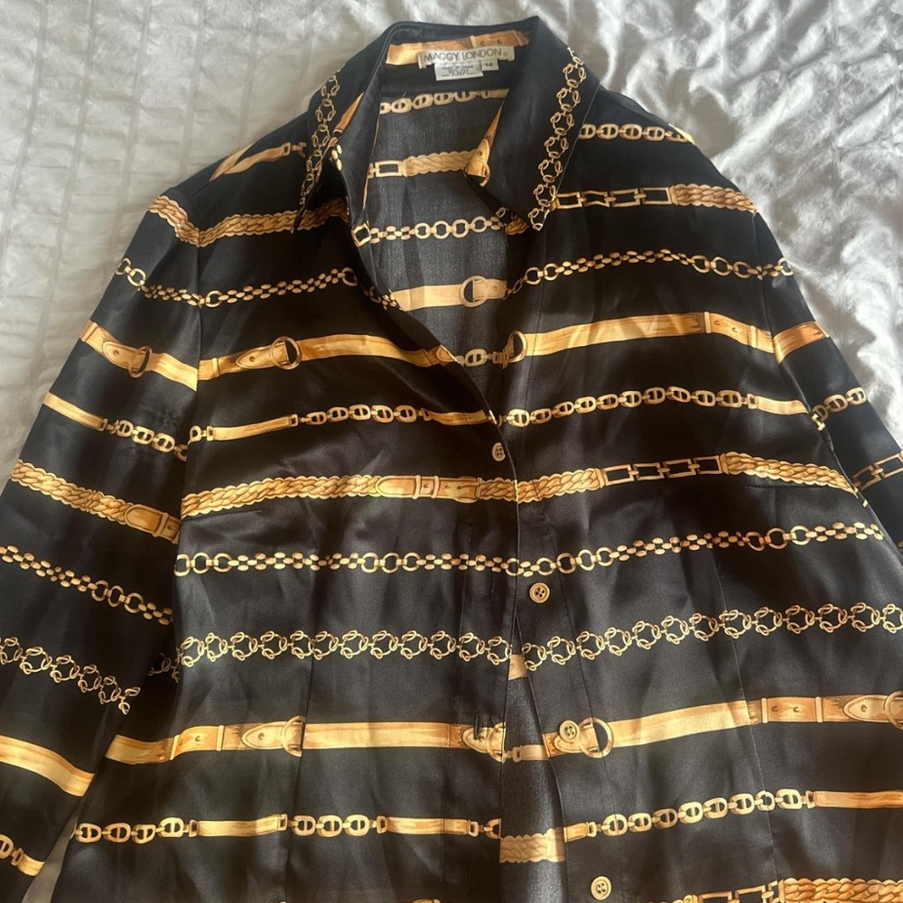 Maggy London 100% Silk Black Shirt with Gold Chain Print